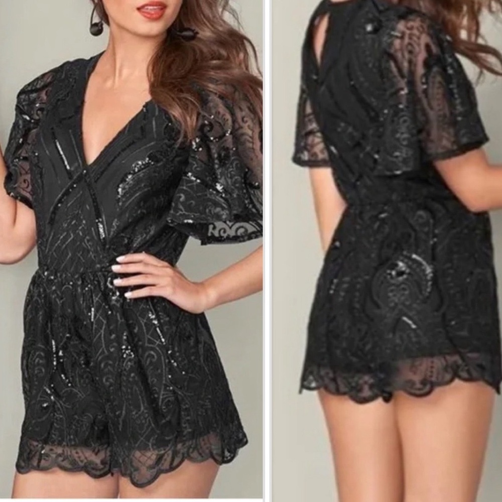 VENUS Black Sequin Lace Romper‎ NWOT Size 6 Party Cocktail Holiday Outfit